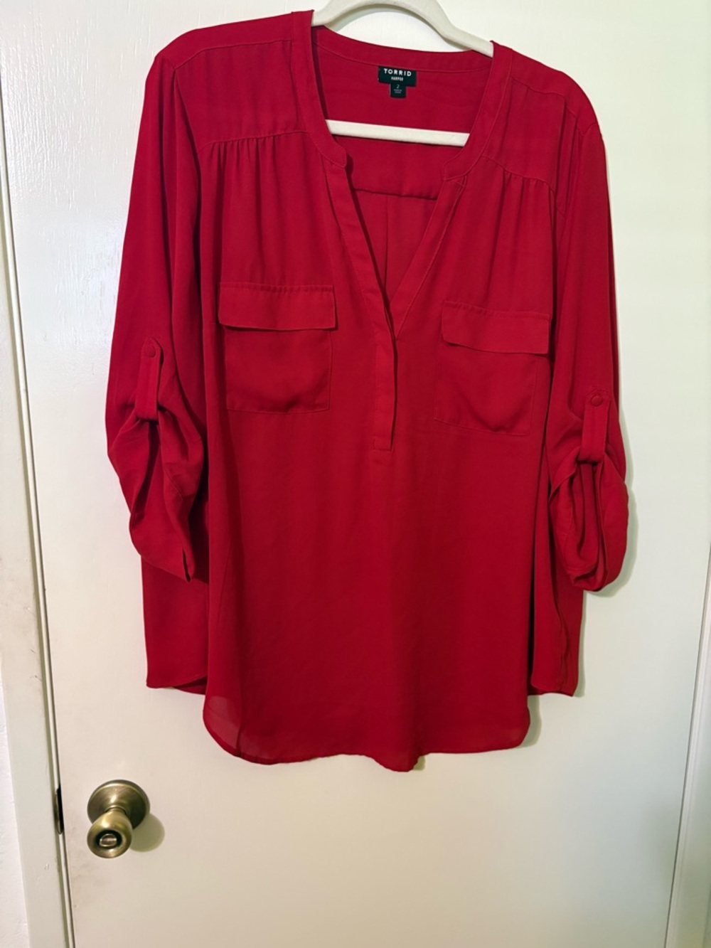 torrid Red Split-Neck Roll-Sleeve Blouse